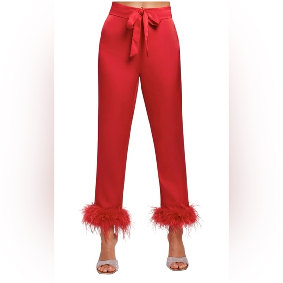 🛌 Nadine Merabi Red Feather-Trim PJ Pants - $125 NWT, Medium - Picture 6 of 6